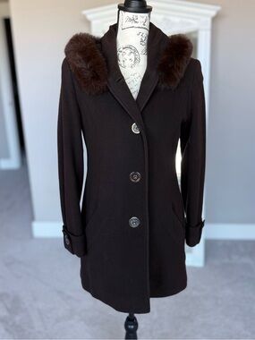 Vintage-Inspired Sachi Collection Brown Wool and Cashmere Coat Fur Collar XS